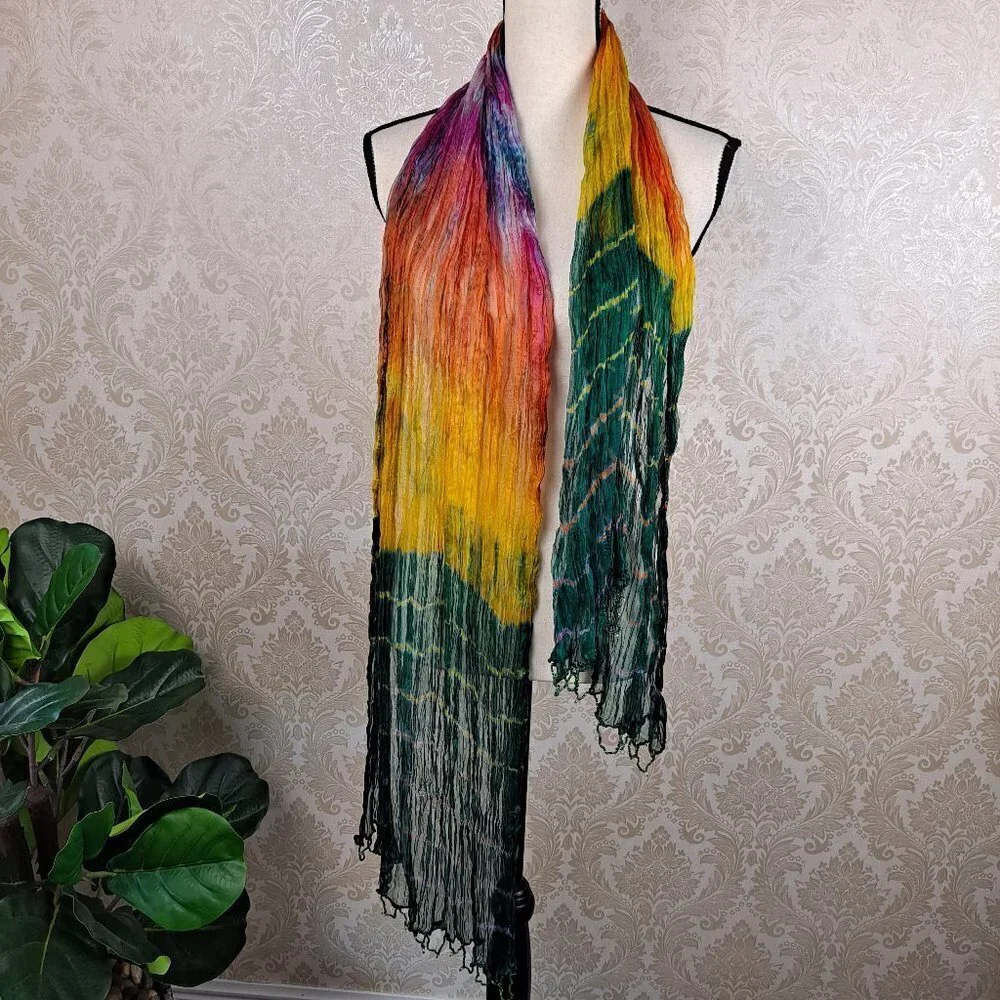 Indian Multi Color Silk Scarf Scrunched Texture Beaded Ends NWOT